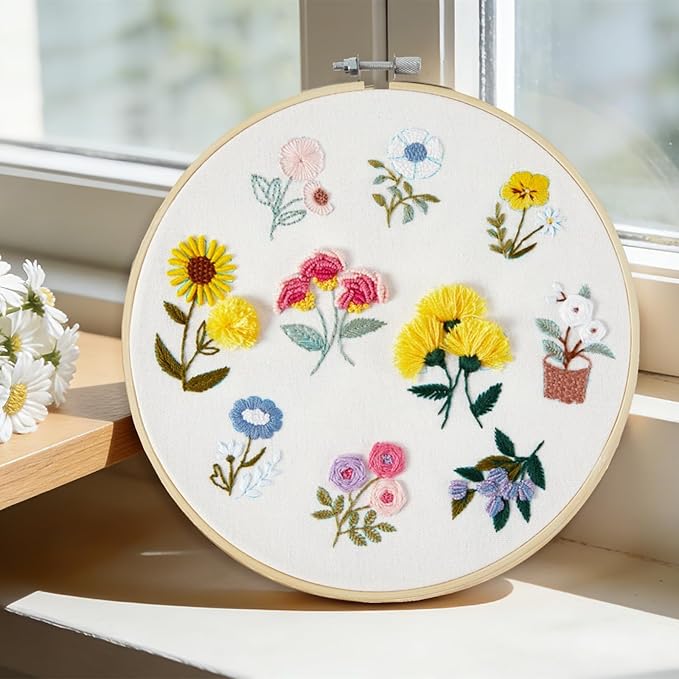 Embroidery Kit for Beginners Adults, Cute Flowers Embroidery Starter Kits, Floral Stamped Cross Stitch Kits for Beginner Adults Craft Kits for Women, Entire Set of Embroidery Supplies & Video Tutorial
