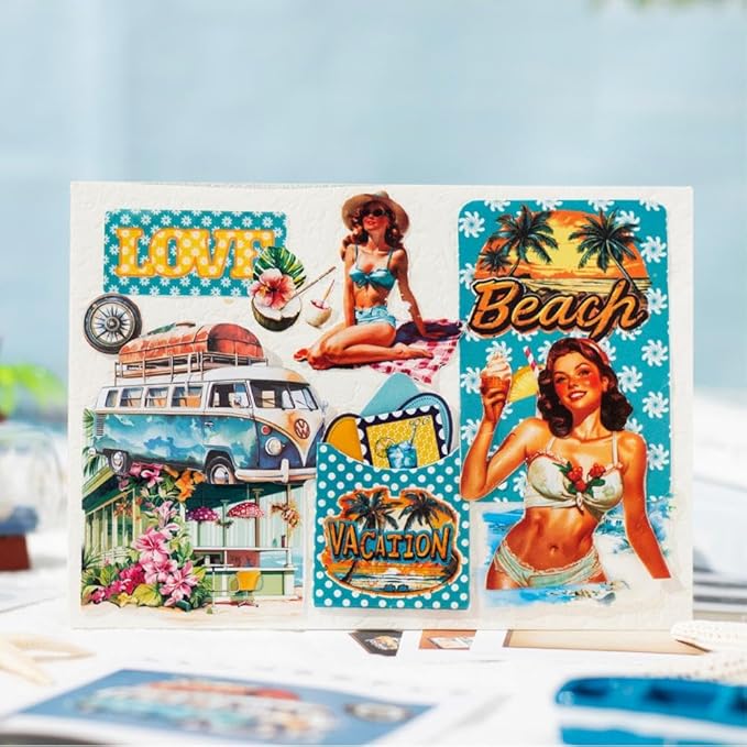 50 Sheets Precut Summer Vintage Scrapbook Stickers Book for Adults, Ephemera for Junk Journal Supplies, Antique Decorative Collage Stickers for Journaling, Scrapbooking, Scrap Book, Craft Arts