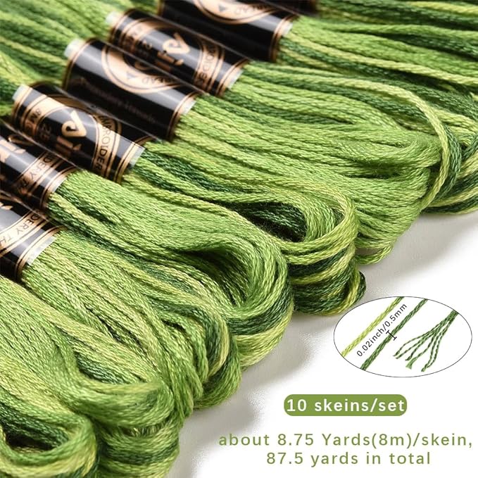 10 Skeins 87.5 Yards 6 Ply Variegated Green Cross Stitch Floss Segment Dyed Embroidery Thread Gradient Friendship Bracelet String Yarn Bulk for Sewing Making Jewelry Needlecraft Knitting Diy