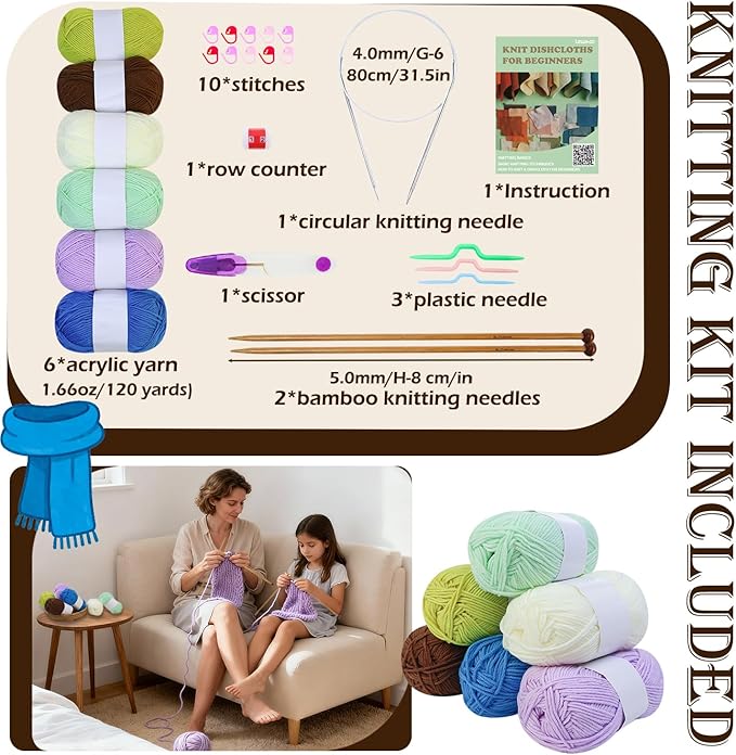 Lewhoo Knitting Kit for Beginners,Learn to Knit Kit for 6 Patterns Dishcloth with Step-by-Step Instruction,Complete Knit Starter Kit -Including Yarn, Knitting Needle&Accessories
