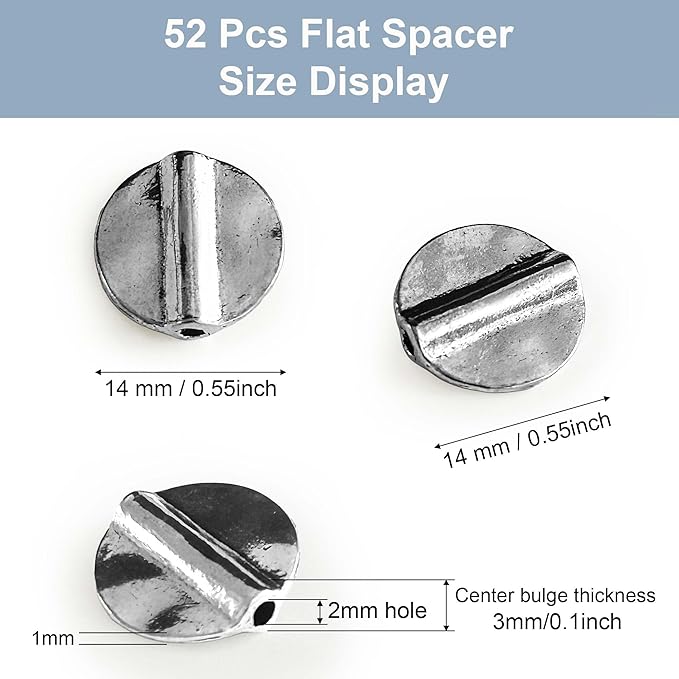 Tibetan Silver Smooth Spacer 52Pcs Flat Beads for Jewelry Making Supplies Adults Small Seed Bead for Necklace Earring Bracelet Making Kit Bulk 14mm