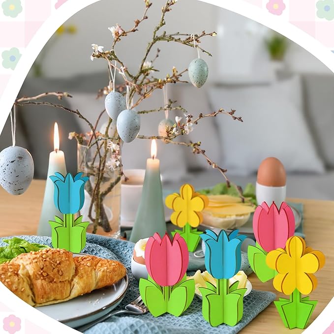 Blosssound 48 Pcs Spring Craft Set 36 Pcs 3D Wooden Flower Cutouts Wood Unfinished Tulip Slices to Paint with 12 Colored Markers for DIY Mother's Spring Crafts Handmade Table Tiered Tray Decor