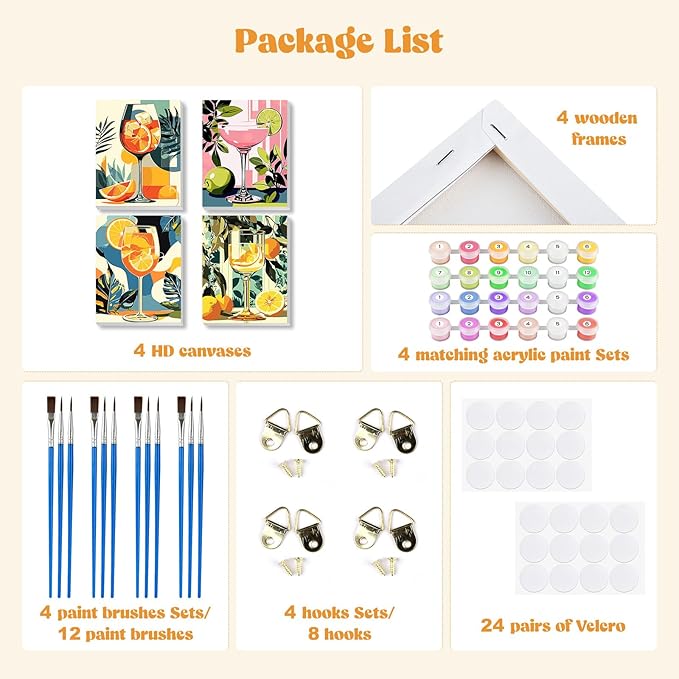 MXJSUA 4 Pack Lemon Cocktail Framed Paint by Numbers Kit with Canvas for Adults Beginner, DIY Acrylic Oil Painting Kits with Brushes for Home Wall Decor Gift (8x10 inch)