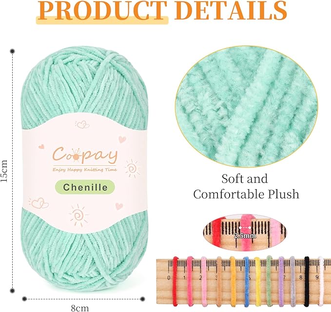 Coopay Skinny Chenille Yarn for Crocheting and Knitting, 12 Pack of 50g/1.76oz - 1764yd Total, Soft Velvet Yarn of Baby Weights - Suitable for Baby Blankets, Plush Toys - Super Soft (Green Gradient)