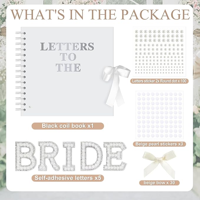 Fuyoooo 8 x 8 Inch Letters to The Bride Scrapbook Wedding Memory Book Bridal DIY Blank Paper Scrapbook Photo Album Guest Book Sign with Pearl Stickers, Metallic Letters, Bows(Warm White)
