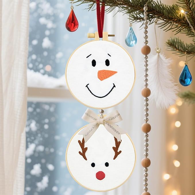 Christmas Embroidery Kits for Beginners Adults, Cute Embroidery Christmas Ornament Kits, Xmas Cross Stitch Kits for Beginners Craft Kits for Adults Women, 2 Sets Embroidery Hoops & Video Tutorial