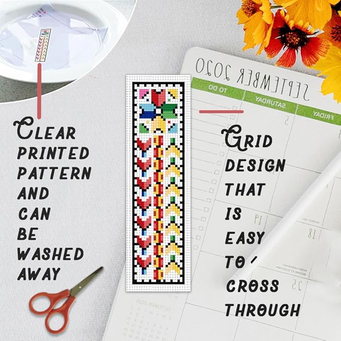 BEUNITONE Cross Stitch Bookmark Kits 6 Pcs Traditional Decorative Patterns Counted Cross Stitch Kit Hand Stamped Embroidery Kit for Beginners Floral Fabric Bookmark Making Kit DIY 8''x2.4''