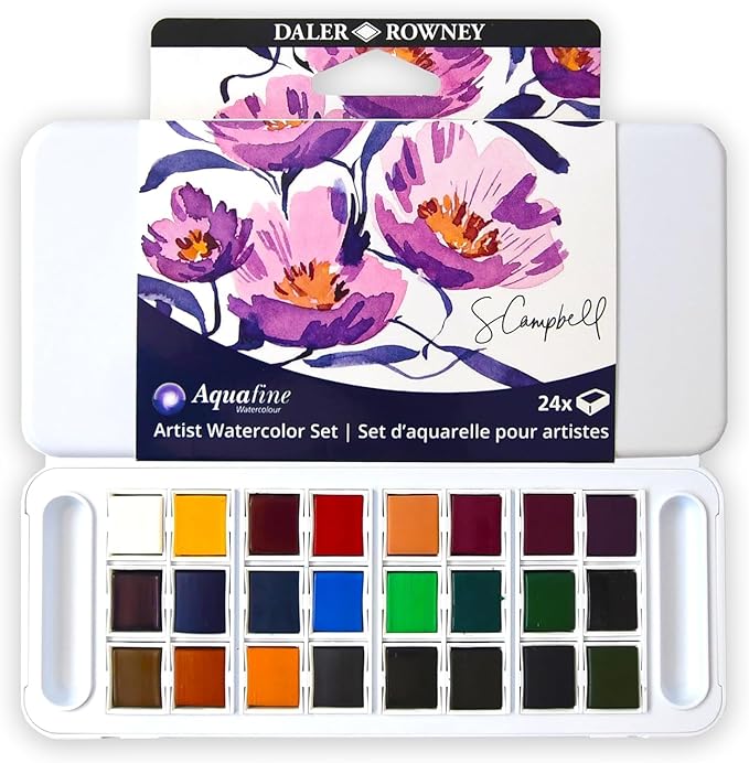 Daler-Rowney Aquafine Watercolor Paint Set, Shayda Campbell Artist Palette, Plastic Travel Set, 24 Half Pans, Assorted Colors, 1 Count