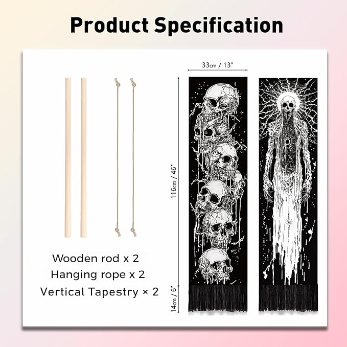 PLIGREAT 2 Pack Skeleton Tapestry with Tassels, 52" x 13" Black and White Aesthetic Wall Hanging Goth Style Vertical Home Art Tapestry for Bedroom Living Room Long Narrow Wall Hanging Art Decor