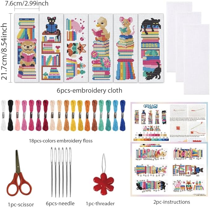 ORIGACH 6 Set Reading Animals & Book Stacks Cross Stitch Bookmark Kit for Beginner with Backing Felt Floss Instructions DIY Stamped Embroidery Bookmark Kit for Adults, Book Lovers