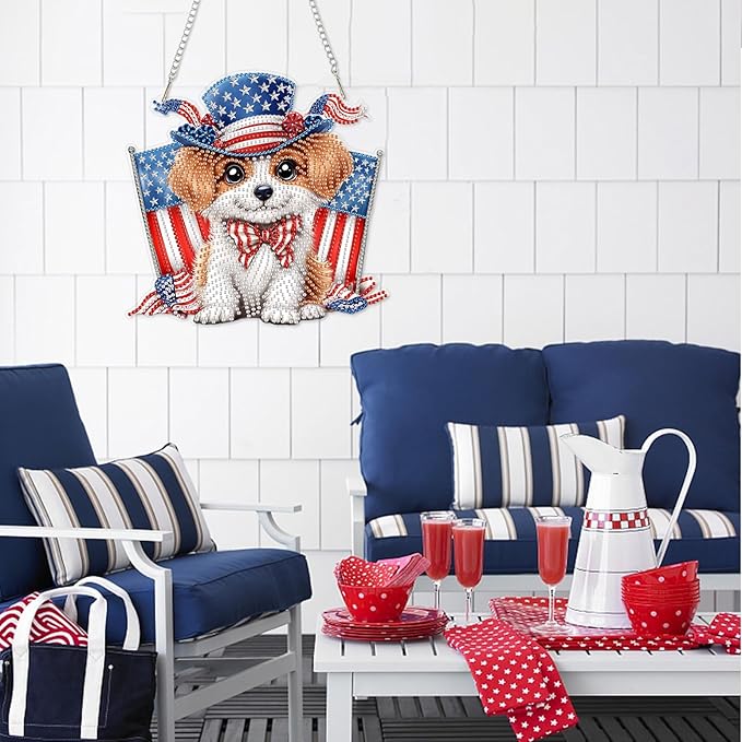 DOMROM 4TH of July Diamond Art Hanging Kit for Adult, Dog Diamond Art Hanging Kit, Patriotic DIY Diamond Art, Independence Day Diamond Hanging Pendant, Window Pendants Home Wall Hanging Ornament