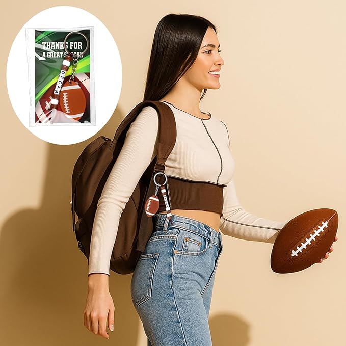 Suncalla 984 Pcs 24 Set Football Keychain Making Kit DIY Football Bag Tag Sport Key Chain Crafts Adjustable Letter Beads Cards Strings Kit Team Gift Accessories Party Favors for Adult(White Brown)