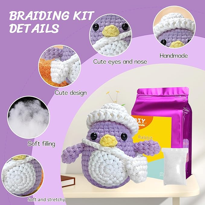 Wadukud Purple Penguin Crochet Kit for Beginners, DIY Crochet Animal Kit for Adults, Crochet Starter Kit with Step-by-Step Video Tutorials, Easter Basket Stuffers Easter Craft Gifts for Girl Kids