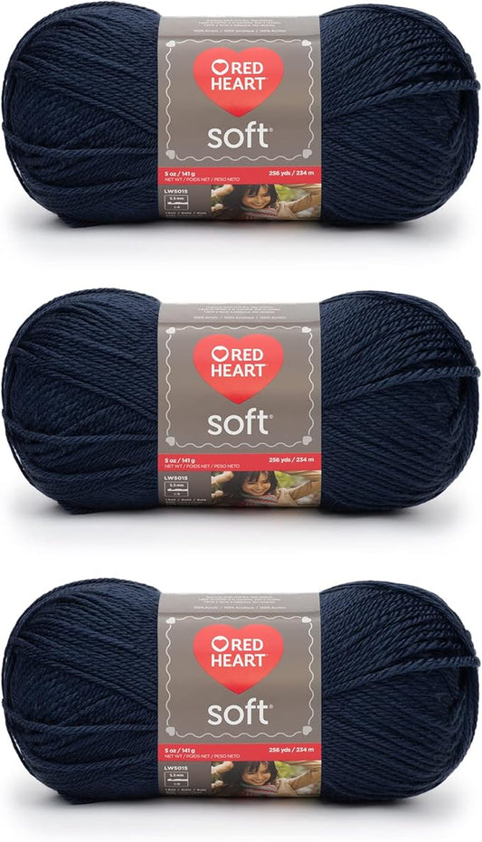Red Heart Soft Navy Yarn - 3 Pack of 141g/5oz - Acrylic - 4 Medium (Worsted) - 256 Yards - Knitting/Crochet