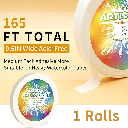 White Art Tape Medium Tack Artist Masking Tape Paper Acid Free Tape Watercolor Painters Tape Artists Tape for Drafting Art Watercolor Painting Canvas Framing, 0.6 inch Wide 165FT Long
