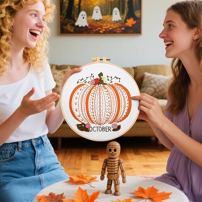 Easy Beginners Embroidery Stitches Practice Kits for Adults, Fall Pumpkin Embroidery Starters Kits for Beginners to Learn 26 Stitches, Autumn Hand Embroidery Set Craft for Women & Video Tutorial