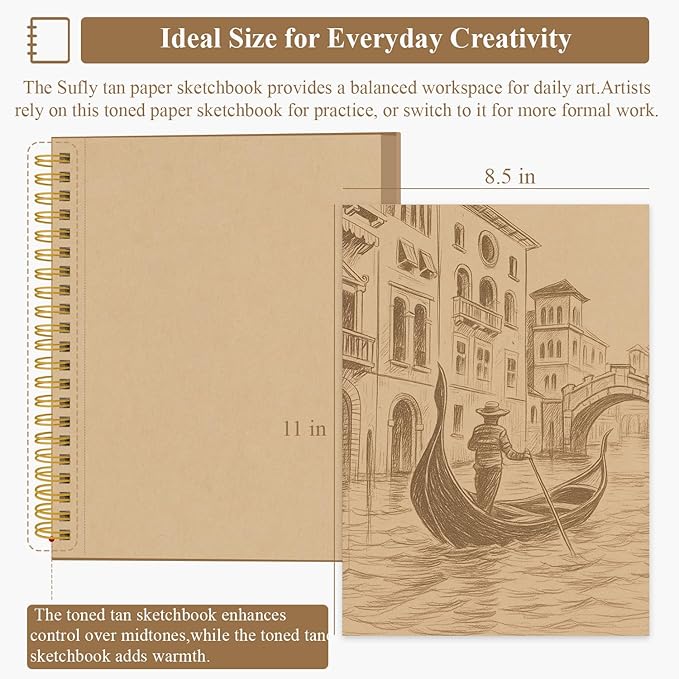 sufly toned tan sketch pad, 8 1/2 x 11 sketchbook, 60 sheets - 90lb/150gsm toned tan sketch paper for mixed media, charcoal, graphite, colored pencils & white gel pens, 100% recycled, wire-o bound.