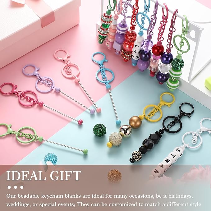Tondiamo 24 Pcs Beadable Keychain Bars Bulk Beads for Keychain Making Kit Gifts for Women Men DIY Crafts(Candy Color)