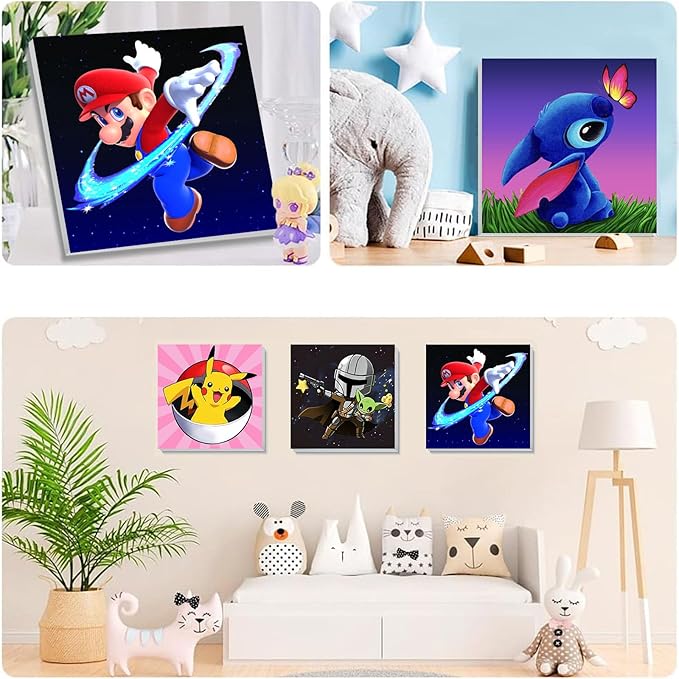 KOJEFCV 4 Pack Cartoon Paint by Numbers for Kids with Framed Canvas-with Wooden Easel, Paint by Number for Kids Ages 4-8-12, DIY Easy Acrylic Oil Painting Kits for Home Wall Decor (8X8inch)