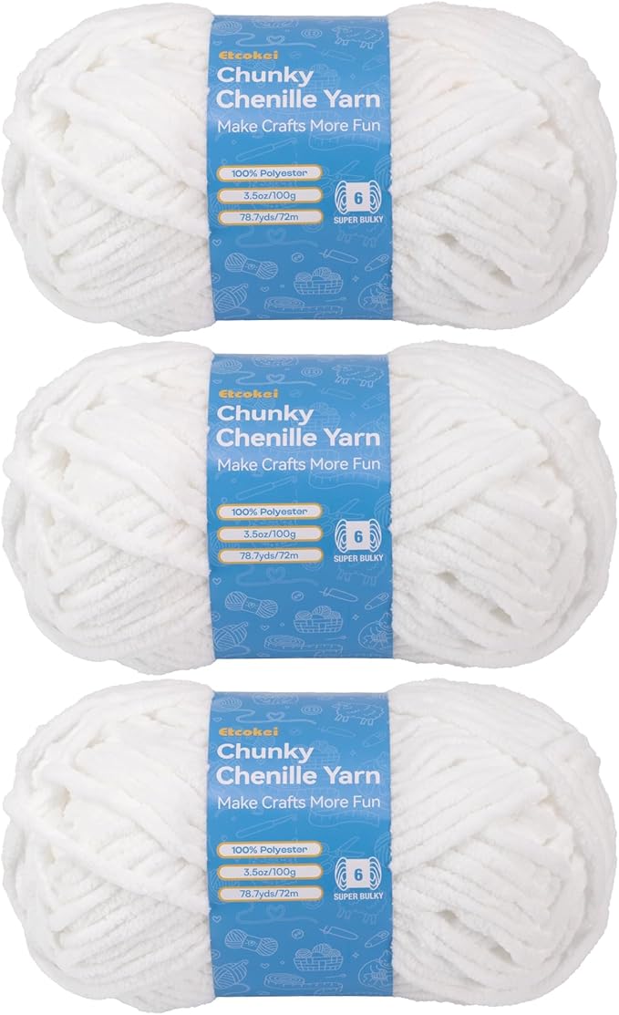 Chenille Yarn #6, Super Bulky Blanket Yarn for Crocheting & Knitting, Extra Soft Chunky Thick Yarn, Easy to Crochet, Perfect for Amigurumi, Baby Blankets, DIY Home Decor, 3Skeins(300g/10.5oz), White