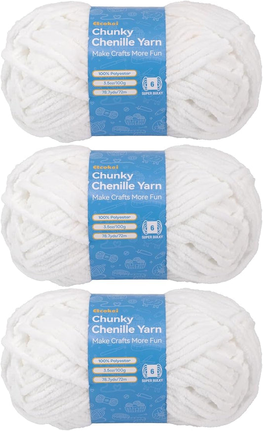 Chenille Yarn #6, Super Bulky Blanket Yarn for Crocheting & Knitting, Extra Soft Chunky Thick Yarn, Easy to Crochet, Perfect for Amigurumi, Baby Blankets, DIY Home Decor, 3Skeins(300g/10.5oz), White