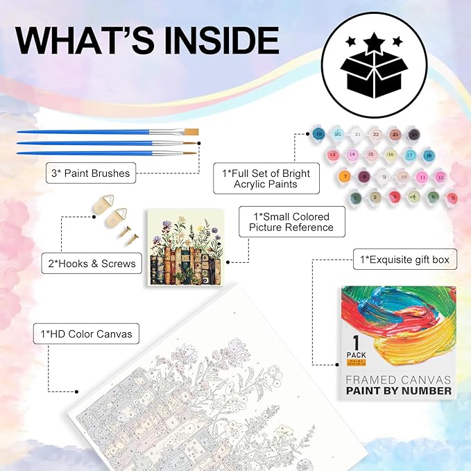 Yezavesu Framed Paint by Numbers Kit for Adults Beginner & Kids Ages 8-12, Book Paint by Numbers Without Easel, DIY Number Painting for Adults Flowers for Home Wall Decor Gift 10x 10 inch