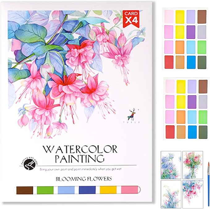 11.5" x 8.5" Watercolor Workbook for Adults, Easy Nature Scenes Paint Coloring Book Paint, Water Coloring Book with 4 Floral Drawings 2 Pigment Card and 1 Brush (Flower Cluster)