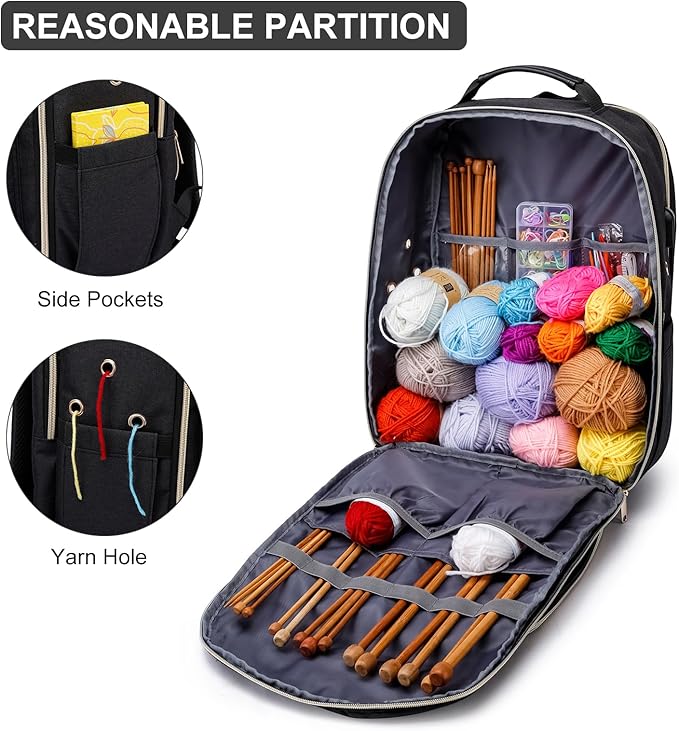 Liokesa Knitting Bag Backpack, Crochet Bag Tote, Large Yarn Storage Tote Bag with USB Charging Port, Mothers Day Gifts Yarn Holder Case for Carrying Projects, Knitting Needles, Yarn Supplies, Black