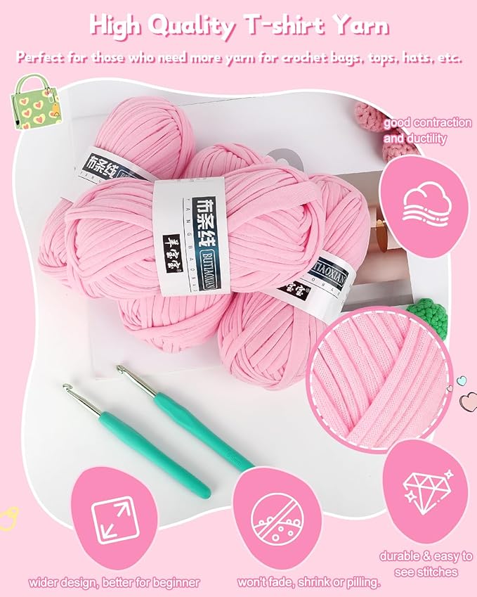 Katech T-Shirt Yarn in Pink for Crocheting, 4x100g/130yds Elastic Fabric Kit for Knitting & Hand DIY Projects, Home Decor