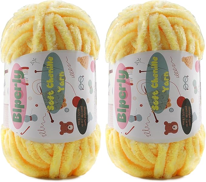 2 * 100g Fluffy Chenille Yarn for Crocheting - Chunky Velvet Yarn for Scarves Shawls, Baby Blankets, Hats Plush Toys, Plush Yarns Each Skein 49.2yd, (2, Light Yellow)