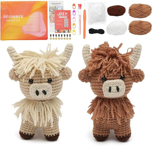 GONELYON Crochet Kit for Beginners, 2 PCS Crochet Animal Kit Highland Cattle, with Step-by-Step Video Tutorials, Beginner Crochet Kit for Adults, DIY Amigurumi Animal Craft Kit