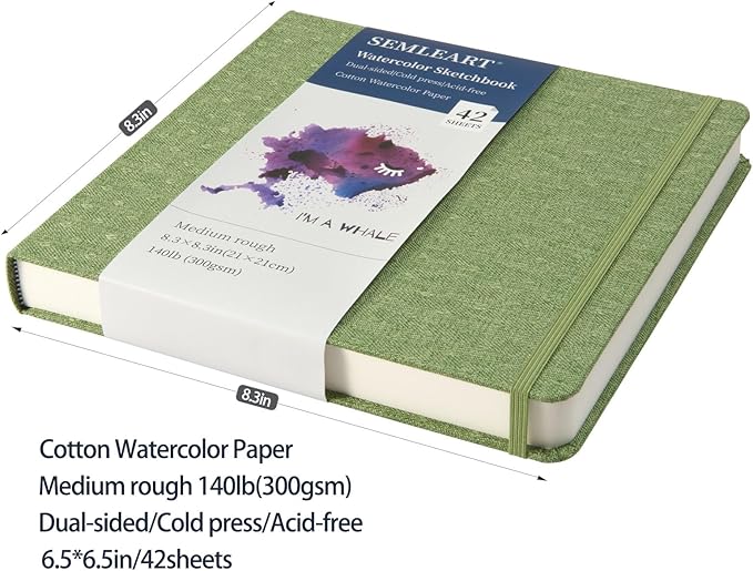 42 Sheets Watercolor Journal, 8.3x8.3in Watercolor Sketchbook with 140 lb/300 GSM Cold Press Cotton Paper, Mini Watercolor Notebook, Ideal for Painting, Drawing & Mixed Media