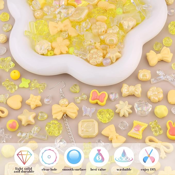 200-260pcs tinkrstuff assorted yellow acrylic beads for bracelet making,cute beads for jewelry making flower bow butterfly candy gummybear aesthetic bracelet charms, diy necklace keychain phone charm