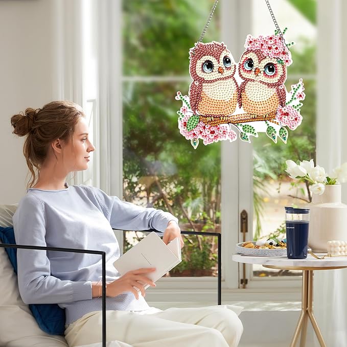 AiYuanzsh Owl Couple Diamond Art Hanging Ornament, 5D DIY Special Shape Diamond Painting Suncatcher Kit for Adults, Handmade Mosaic by Number Pendant Gift for Valentine’s Day