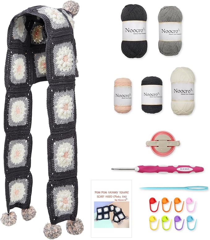 Noocro Complete Crochet Kit for Pom-Pom Granny Square Scarf Hood, DIY Yarn Kit, Detailed Instructions, Step by Step Video Tutorial, Beginner-Friendly, Intermediate Crocheter Craft Set (Pinky Ash)