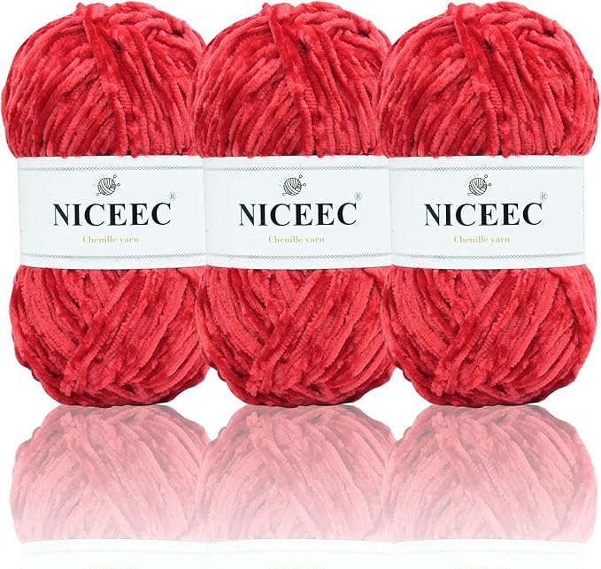 NICEEC 3 Skeins Soft Chenille Yarn Blanket Yarn for Knitting Fancy Yarn for Crochet Weaving DIY Craft Total Length 3×85m (3×93yds, 3×50g)_Red