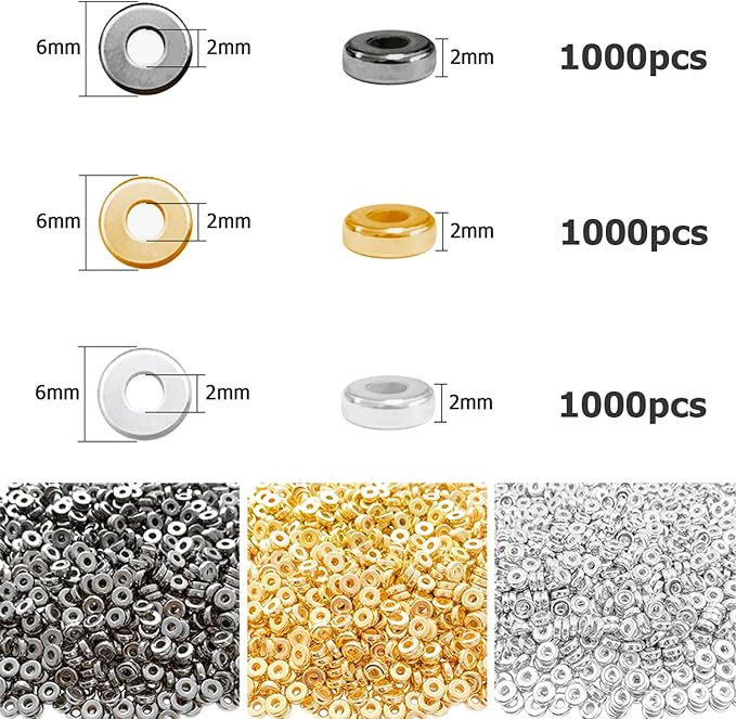 6mm Flat Round Spacer Beads, Clay Beads for Bracelets Making Kit, Heishi Polymer Flat Disc Spacer Beads for Jewelry Making, Clay Beads for Jewelry Making Gold Beads Silver (3000pcs)