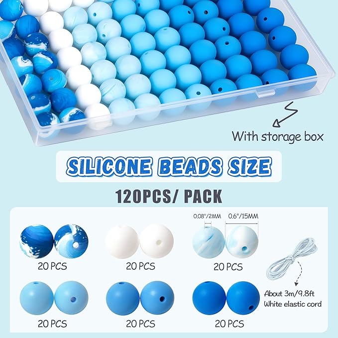 120 Pcs 15mm Silicone Beads for Keychain Making Bracelets Blue White 6 Colors Silicone Round Beads Bulk for Crafts Pens Supplies
