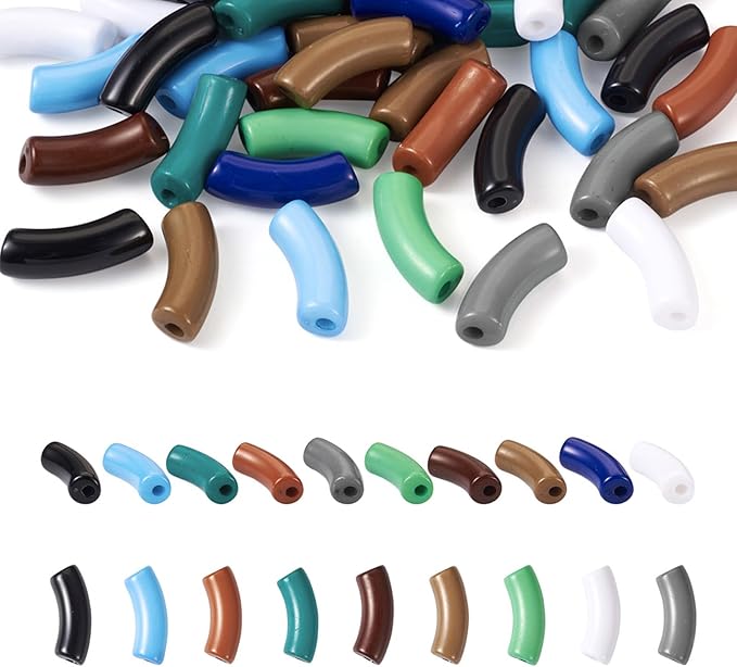 60Pcs Acrylic Chunky Tube Beads with Brass Rhinestone Spacer Beads & Elastic Crystal Thread, 10 Colors Opaque Curved Tube Beads for Bamboo Bangles Bracelet Jewelry Making