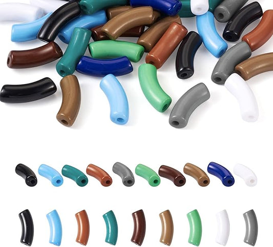 60Pcs Acrylic Chunky Tube Beads with Brass Rhinestone Spacer Beads & Elastic Crystal Thread, 10 Colors Opaque Curved Tube Beads for Bamboo Bangles Bracelet Jewelry Making