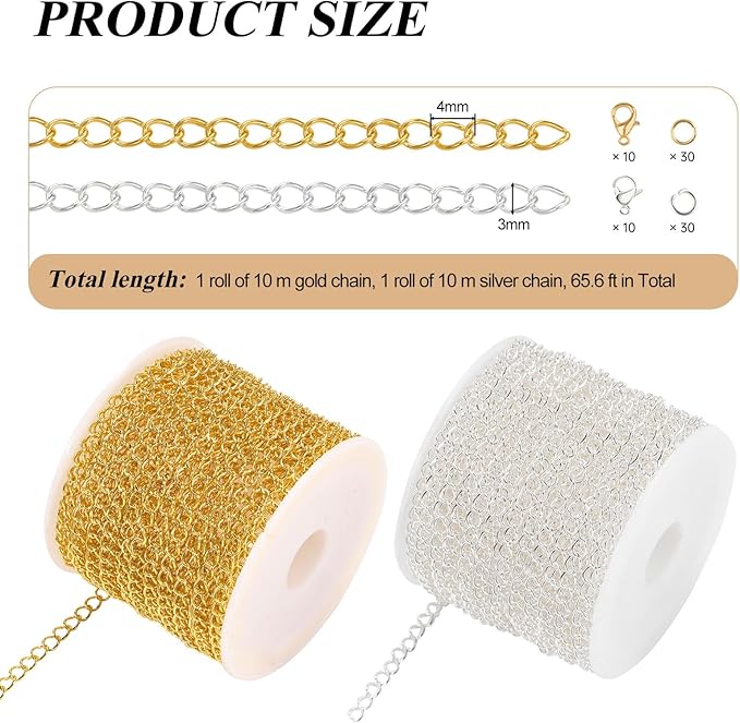 Crisjanggo 2 Rolls Total 65.6 Feet Gold and Silver Chain for Jewelry Making Stainless Steel Curb Chains Roll Bulk with Lobster Clasps and Jump Rings