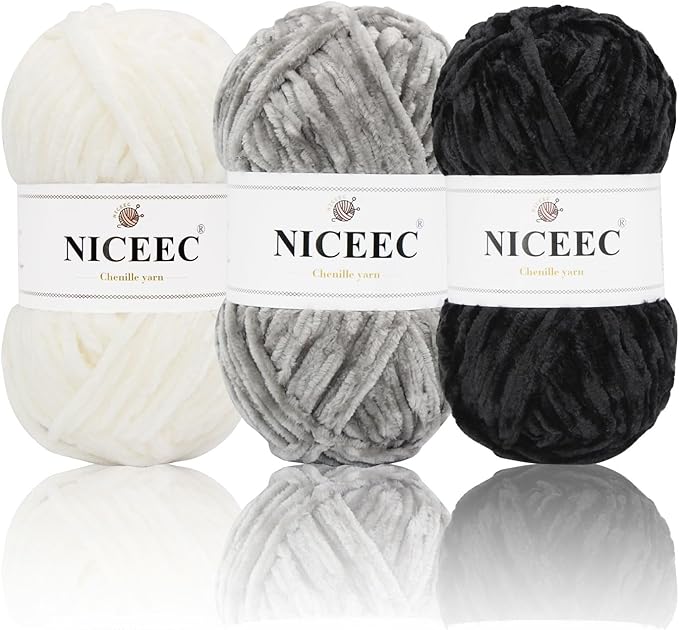NICEEC 3 Skeins Soft Chenille Yarn Assorted Colors Blanket Yarn for Knitting Fancy Yarn for Crochet Weaving DIY Craft Total Length 3×85m (3×93yds, 3×50g)_Neutral Series