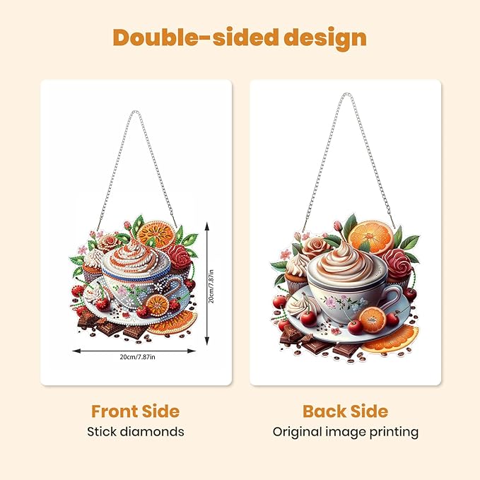 MXJSUA Fruit Coffee Diamond Art Hanging Kits for Adults Beginners, DIY Acrylic Special Shaped Crystal Diamond Gem Drills Pendant Art Painting Ornament for Home Wall Decor Gift