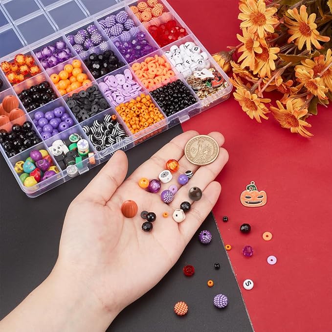 PH PandaHall Halloween Friendship Bracelet Kit, 1370+ Halloween Beads 24 Styles Orange Purple Acrylic Bead Skull Ghost Beads Charms Clay Heishi Bead for Jewelry Making Bracelet Necklace DIY Crafts