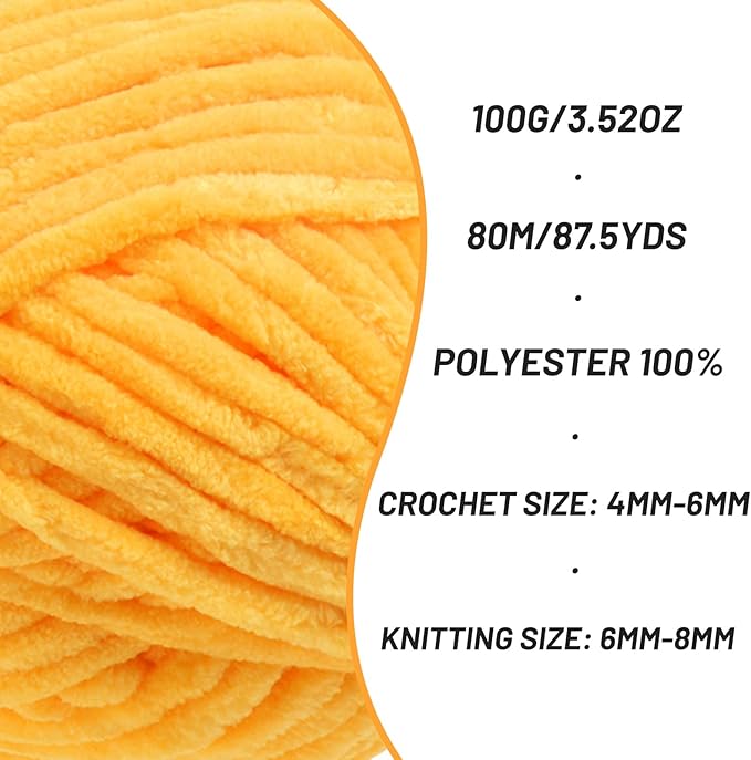2 Pack Chunky Chenille Yarn for Crocheting, Baby Yarn for Crocheting Soft Blanket, 174.9 yds /7 oz Crochet Yarn, Bulky 5 Amigurumi Yarns, Fluffy Velvet Yarns for Knitting Crafts (2 Golden Yellow)
