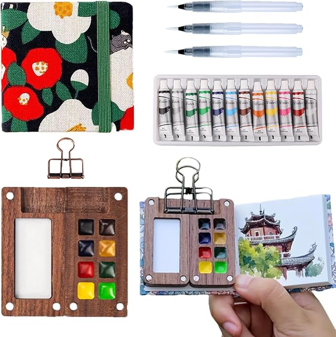 Aimery Mini Watercolor Paint Travel Set, Portable Small Miniature Pocket Water Color Painting Kit with Wooden Palette & Sketchbook(Cat)