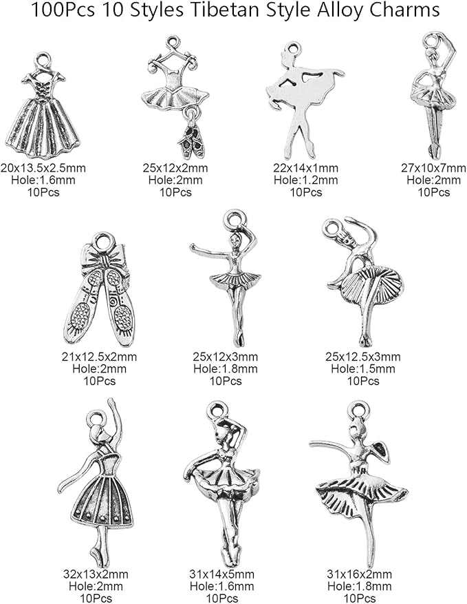 DanLingJewelry 100Pcs 10 Styles Antique Silver Ballet Dancer Charms Ballet Dance Charms for Jewelry Making Crafting