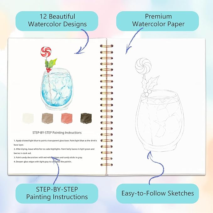 Easy Watercolor Workbook for Beginners - 12 Beautiful Step-by-Step Paintings Water Coloring Book, Includes 16 Colors Paints, Relaxing Art Projects and Creative Gift for Adults & Teen (Cocktails)