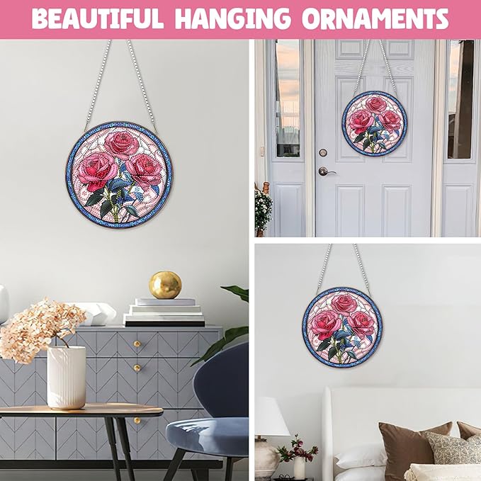 NAIMOER Diamond Art Hanging Kits for Adults Rose 5D Special Shaped Rhinestone, DIY Acrylic Diamond Art Painting Window Pendants Home Garden Wall Hanging Ornament Kits, Double Sided