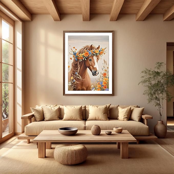 PINFFSHU 5D Diamond Painting Kits for Adults Beginners - Beautiful Horse with Floral Crown，Full Drill DIY Sparkling Gem Art Craft with Tools, Home Wall Decor, Unique Gifts for Women, 12x16 Inch